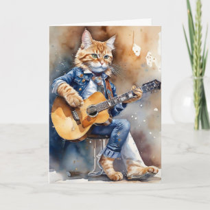 Orange Tabby Katt Rockstjärna spelar Akustisk Gita Kort
