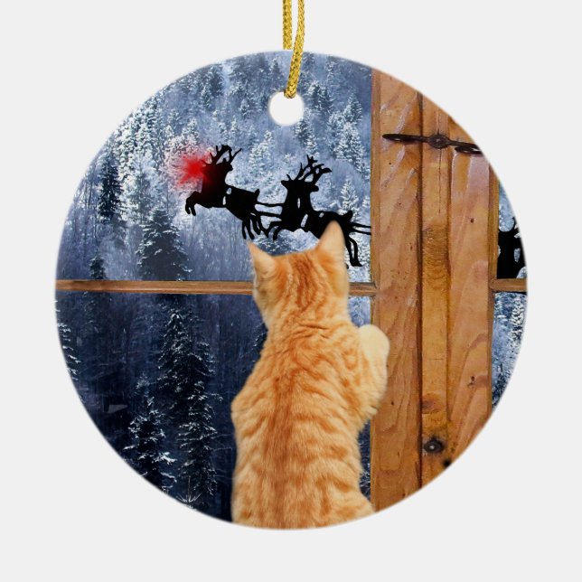 Orange tabby katt, röd prick jul julgransprydnad keramik (Framsidan)