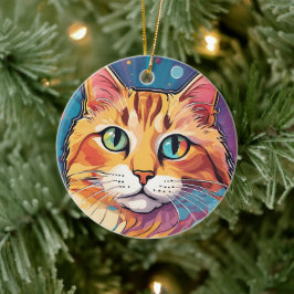 Orange Tabby Katt | Samtida Färgrik Målning Julgransprydnad Keramik