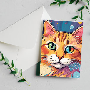 Orange Tabby Katt   Samtida Färgrik Målning Vykort