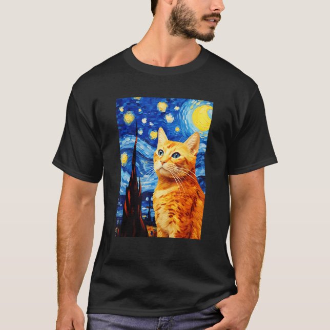 Orange Tabby katt Starry Night Vincent van Gogh Pe T Shirt (Framsida)