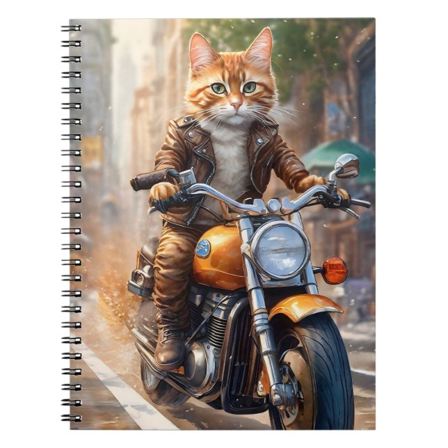 Orange Tabby katt ut för motorcykelrid Anteckningsbok (Framsidan)