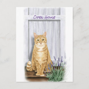 Orange Tabby katt vid Door med Lavender Flowers Vykort