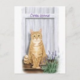 Orange Tabby katt vid Door med Lavender Flowers Vykort