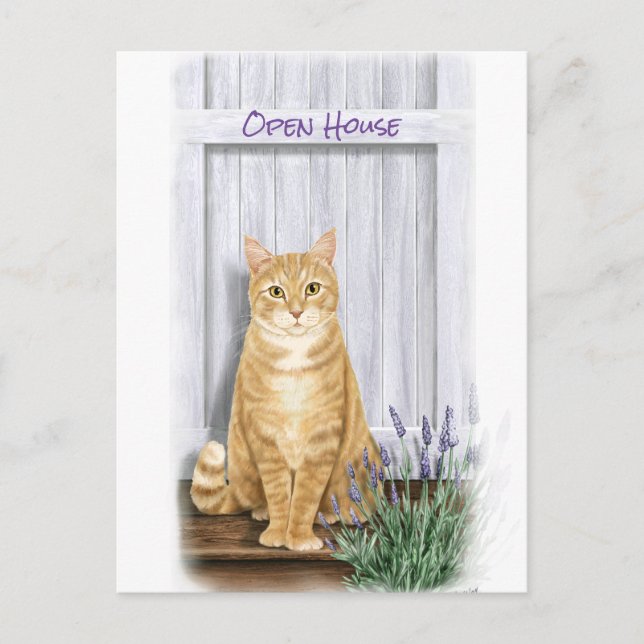 Orange Tabby katt vid Door med Lavender Flowers Vykort (Framsida)