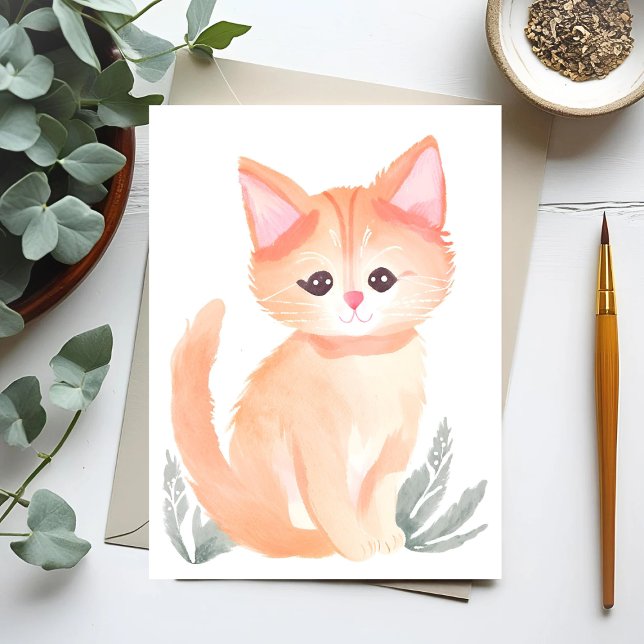 Orange Tabby katt Watercolor Kitten Vykort (Skapare uppladdad)