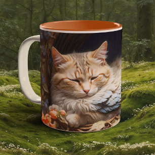 Orange Tabby Kitten i Bed of Blue Feathers Två-Tonad Mugg