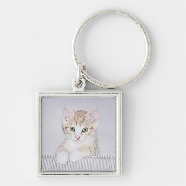 Orange Tabby Kitten Painting - Originalkassett Fyrkantig Silverfärgad Nyckelring (Framsidan)