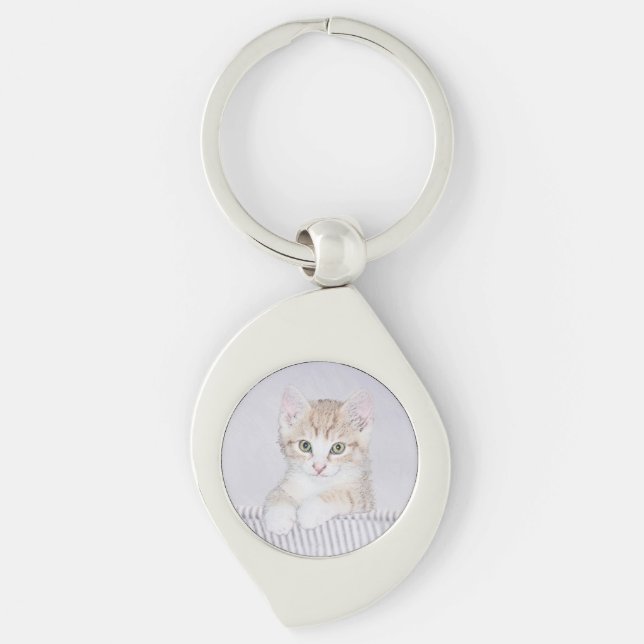 Orange Tabby Kitten Painting - Originalkassett Swirl Silverfärgad Nyckelring (Framsidan)