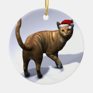 Orange Tabby med tomtehatt Julgransprydnad Keramik
