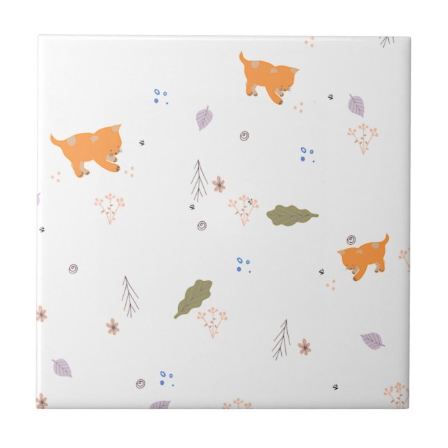 Orange Tabby och Löv Mönster Kakelplatta (Framsidan)