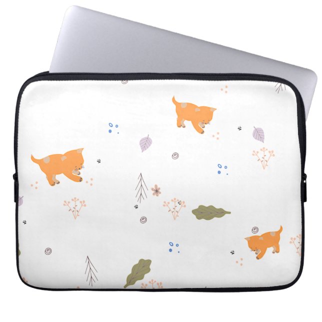 Orange Tabby och Löv Mönster Laptop Fodral (Framsidan)