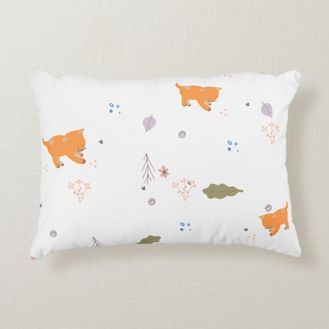 Orange Tabby och Löv Mönster Prydnadskudde (Framsidan)