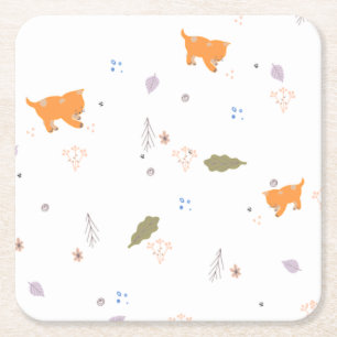 Orange Tabby och Löv Mönster Underlägg Papper Kvadrat
