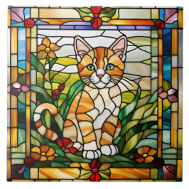 Orange Tabby Stached Glass Decorative Tile Kakelplatta