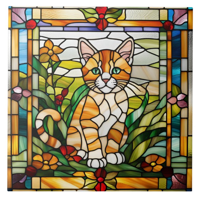Orange Tabby Stached Glass Decorative Tile Kakelplatta (Framsidan)