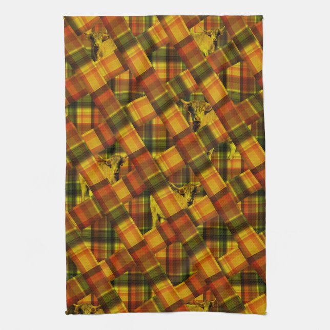 Orange Tartan Highland Cow Design Kökshandduk (Vertikal)