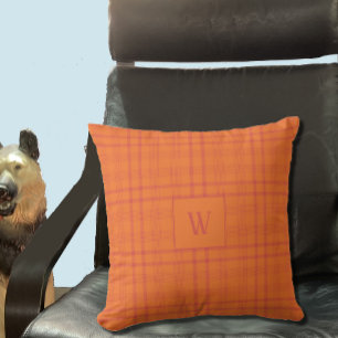 Orange Tartan Mönster Monogram Dekorativ kudde
