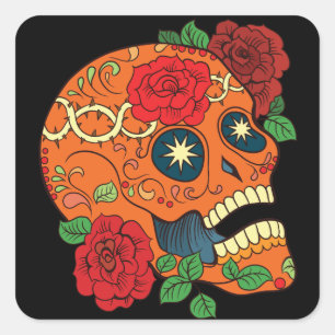 Orange Tattodagen för Dead Sugar Skull Röd ros Fyrkantigt Klistermärke