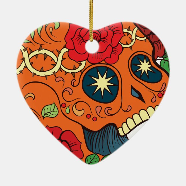 Orange tatueringdag av döda sockerskalleröd ros julgransprydnad keramik (Baksidan)