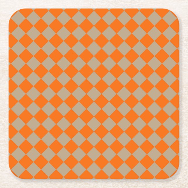 Orange Taupe Checker Diamond Pattern Underlägg Papper Kvadrat (Framsidan)