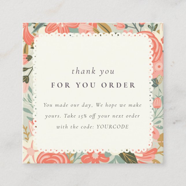 Orange  Teal Ambrosia Blommigt Tack Order Fyrkantigt Visitkort (Framsida)