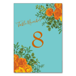 Orange & Teal Aqua Peony & Ro Blommigt Bröllop Bordsnummer
