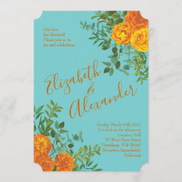 Orange & Teal Aqua Peony & Ro Blommigt Bröllop Inbjudningar