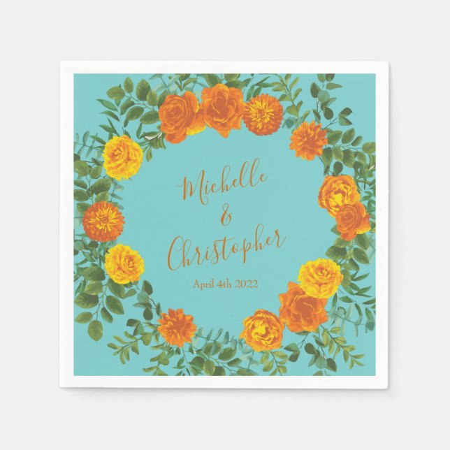 Orange Teal Aqua Peony & Ro Blommigt Bröllop Pappersservett (Framsidan)