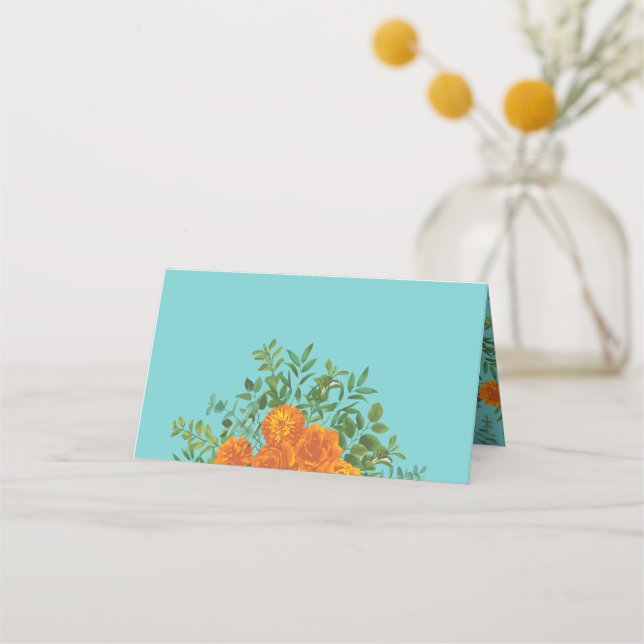 Orange & Teal Aqua Peony & Ro Blommigt Bröllop Placeringskort (Framsida)