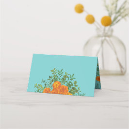 Orange & Teal Aqua Peony & Ro Blommigt Bröllop Placeringskort