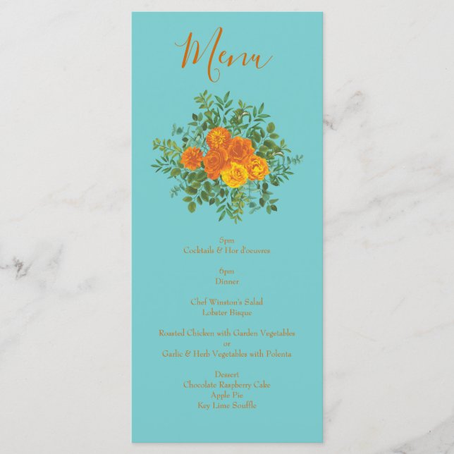 Orange & Teal Aqua Peony & Ro Bröllop Menu Meny (Framsida)