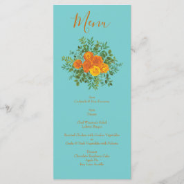 Orange & Teal Aqua Peony & Ro Bröllop Menu Meny