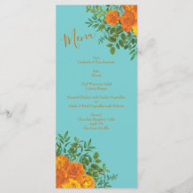 Orange & Teal Aqua Peony & Ro Bröllop Menu