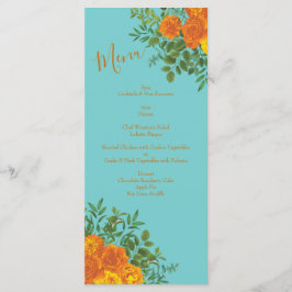 Orange & Teal Aqua Peony & Ro Bröllop Menu Meny