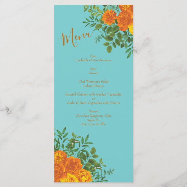 Orange & Teal Aqua Peony & Ro Bröllop Menu Meny (Framsida)