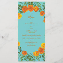 Orange & Teal Aqua Peony & Ro Bröllop Menu