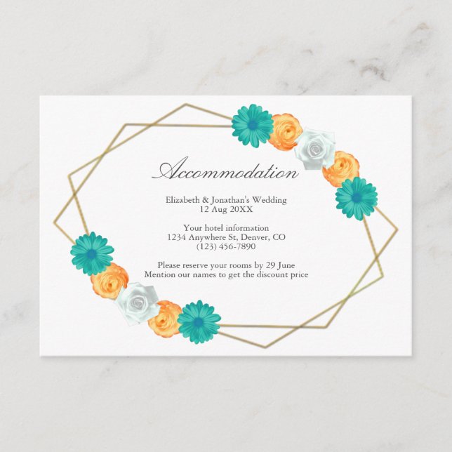 Orange Teal Blommigt Geometric Bröllop-logi Tilläggskort (Framsida)