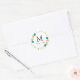Orange Teal Blommigt Geometric Bröllop Runt Klistermärke