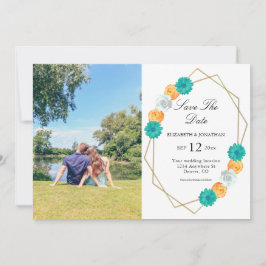 Orange Teal Blommigt Geometric Bröllop Spara Datumet