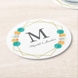 Orange Teal Blommigt Geometric Bröllop Underlägg Papper Rund