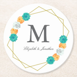 Orange Teal Blommigt Geometric Bröllop Underlägg Papper Rund