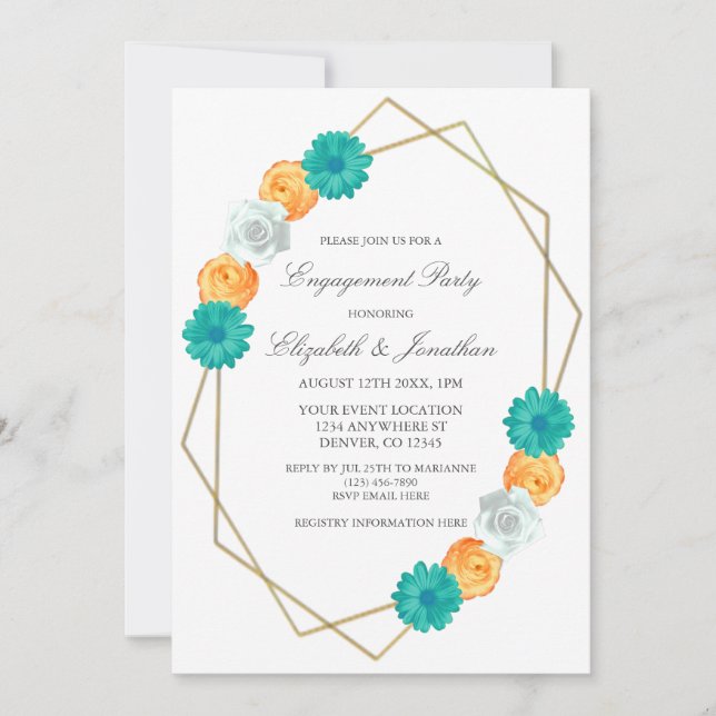 Orange Teal Blommigt Geometric Förlovningsfest Inbjudningar (Framsida)