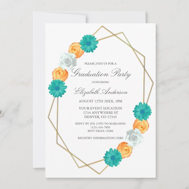 Orange Teal Blommigt Geometric Studenten Inbjudningar (Framsida)