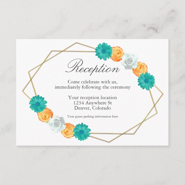 Orange Teal Blommigt Geometric Wedding Reception Tilläggskort (Framsida)