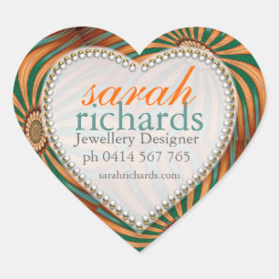 Orange Teal Blommigt Swirl CustomName Heart Sticke Hjärtformat Klistermärke