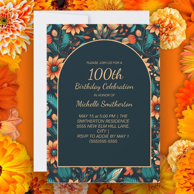Orange Teal Blommor Svart 100-års Födelsedagsbåge Inbjudningar (Orange and teal floral on black arch 100th birthday party invitation for women.)