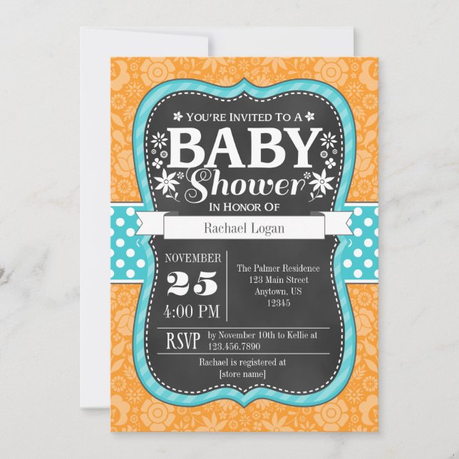 Orange Teal Chalkboard Blommigt Baby Shower Inbjud Inbjudningar (Framsida)