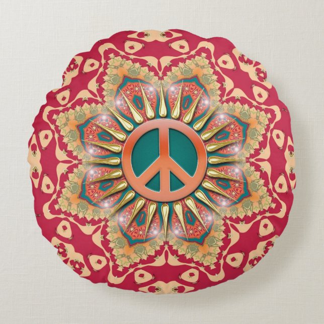 Orange Teal Energy Peace Mandala Round Cushion Rund Kudde (Framsidan)