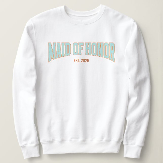 Orange + Teal Faux Glitter Varsity MAID OF HONOR  T Shirt (Design framsida)